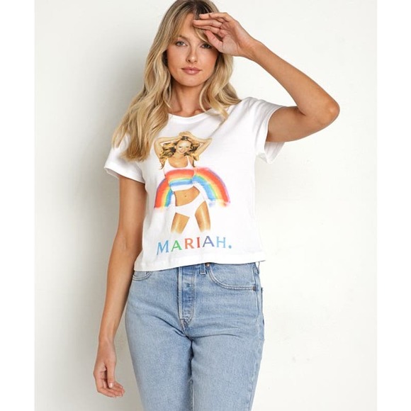 NEW Daydreamer Mariah Carey Rainbow Shrunken Tee Optic White Women's Size XS - Picture 3 of 13